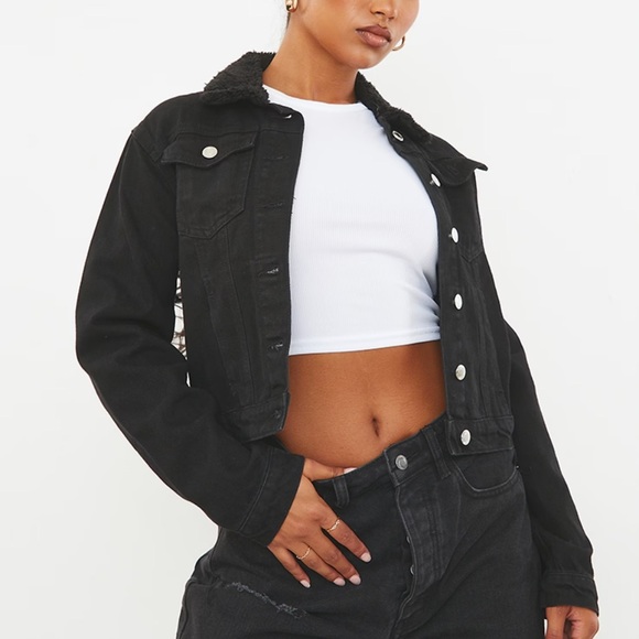 PRETTY LITTLE THING BLACK CROPPED BORG COLLAR DENIM JACKET size 6 - Picture 1 of 5